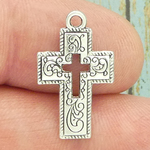 Cut Out Cross Charm with Vine Accents in Silver Pewter