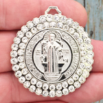 Silver St Benedict Medal Double Crystal Bezel in Pewter