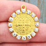 Gold St Benedict Medal with Crystal Bezel in Pewter