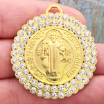Gold St Benedict Medal Double Crystal Bezel in Pewter