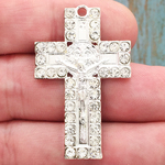 Silver St Benedict Crucifix Pendant with Crystal in Pewter