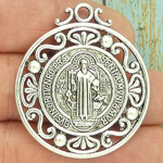Ornate St Benedict Medal Silver Pewter Large