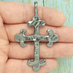 Fleur de Lis Cross Pendant in Hammered Gunmetal Pewter