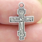 Russian Orthodox Crucifix Cross Charm in Antique Silver Pewter Small
