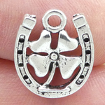 Lucky Horseshoe Charm with Shamrock in Silver Pewter