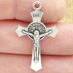 Crucifix Cross Pendant Charm with St Benedict in Silver Pewter