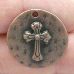 Hammered Cross Charm with Faith in Antique Copper Pewter