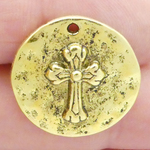 Hammered Cross Charm with Faith in Antique Gold Pewter