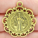 St Benedict Medal Gold in Antique Pewter Large with Scroll Trim 