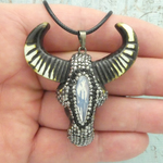 Cow Skull Pendant with Marcasite and Oval Opaque Crystal on Black Cord with Gift Box