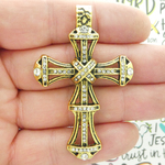 Two-Tone Ornate Cross Pendant with Stone in Silver and Gold Pewter Large