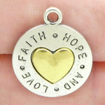Faith Hope Love Charms Wholesale with Gold Heart in Silver Pewter