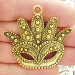 Mardi Gras Mask Pendant Wholesale in Antique Gold Pewter Extra Large