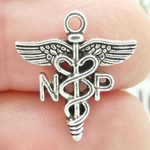 Nurse Practitioner Medical Charm in Antique Silver Pewter Caduceus Charm