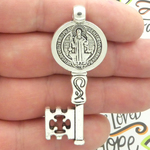 Key St Benedict Medal Pendant in Silver Pewter Large