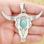 Cow Skull Pendant with Turquoise in Silver Pewter 