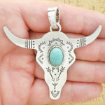 Cow Skull Pendant with Turquoise in Silver Pewter