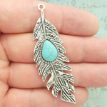 Feather Pendants Wholesale in Silver Pewter with Turquoise Accent