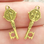 St Benedict Medals Key Charm in Gold Pewter Tiny