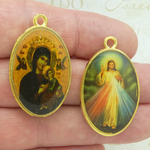 Our Lady of Perpetual Help Pendant and Sacred Heart of Jesus Pendant in Gold Pewter 