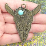 Cow Skull Pendant with Turquoise in Bronze Pewter 