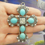 Ornate Cross Pendants Wholesale Silver Pewter with Turquoise and Crystal