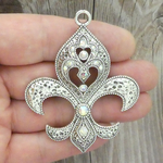 Silver Fleur De Lis Pendants in Hammered Silver Pewter with AB Crystal Accents