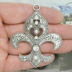 Silver Fleur De Lis Pendants Bulk Pewter with Crystal Accents