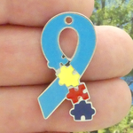 Autism Puzzle Ribbon Pendants Wholesale Silver Pewter with Enamel