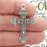 Ornate Rose Cross Pendant in Antique Silver Pewter