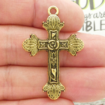 Ornate Rose Cross Pendant in Antique Gold Pewter