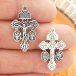 3 Way Pardon Indulgence Crucifix with Miraculous Medal and St Benedict Medal in Silver Pewter Small