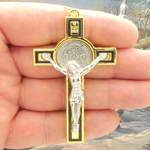 Gold Crucifix Cross Pendant with Silver St Benedict Medal in Pewter
