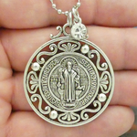 St Benedict Medal Necklace with 24 Inch Chain and Crystal Dangle