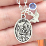 Holy Family Pendant Necklace with 18 Inch Cable Chain Dove Charm Blue Crystal