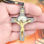 Hematite Saint Benedict Crucifix Necklace with 26 Inch Black Cord